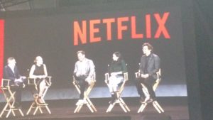 Ted Sarandos (Netflix) e os atores Wagner Moura ("Narcos"), Krysten Ritter ("Jessica Jones") e Will Arnet ("Bojack Horseman" e "Arrested Development")